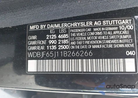 2001 Mercedes-Benz E 320 из США, поврежденный, VIN WDBJF65J11B266266